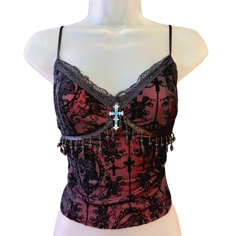 New Large Red Black Gothic Lace Cross Beaded Fringe Camisole Top Tank Y2k
